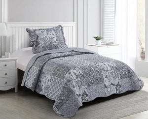 Grey Flowers Patchwork Quilt Set, Reversible Twin Bedspread, Lightweight Cove... - Picture 1 of 7