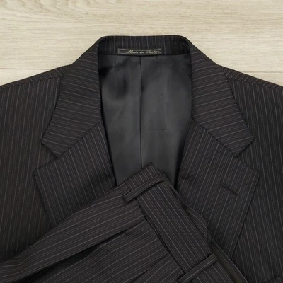 Corneliani 套装男式 44R 修身(欧盟 54)裤子 36X30 黑色条纹 2 纽扣打褶 — 第 1/4 张图片