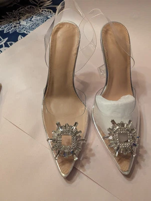 Women's Clear 9.5 Slingback Pumps With Rhinestone Accents And Square High... - Image 1 of 4