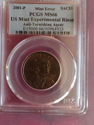 2001-P Sacagawea Dollar, Mint Error Experimental Rinse, Anti-Tarnish, PCGS MS-66 - Image 1 of 2