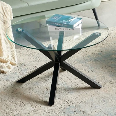 THE FURNITURE MARKET Spider Round Glass Coffee Table with Black Legs - 80cm Diameter - AY20-BLACK