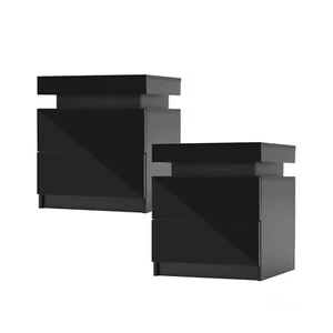 2x LaBella Bedside Tables 2 Drawers RGB LED Cabinet Nightstand Gloss BLACK - Picture 1 of 11