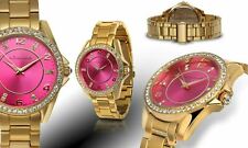 NEW Jeanneret 2003 Women's Rosetta Crystal Accent Pink Dial Gold Bracelet Watch