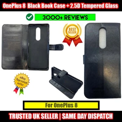 For OnePlus 8 (1+8) / OnePlus 8 5G Black Book Case Flip +2.5D Tempered Glass - Image 1 of 4