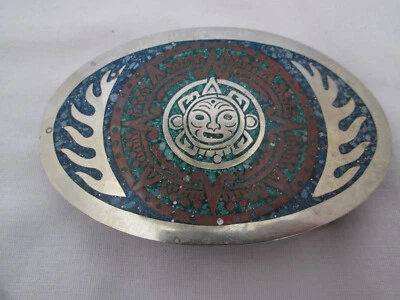RARO Azteca Sol Verde y Azul Incrustaciones Chip Cinturón Hebilla Plata Mexicana y Bronce Foto 1 de 4