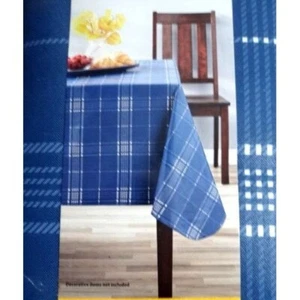 Navy Blue White Plaid PEVA Kitchen Tablecloth 60 x 84-in Polyester Backing NEW - Picture 1 of 4