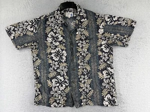 VINTAGE Iolani Shirt Adult Large Gray Beige Floral Hibiscus Button Up Hawaiian - Picture 1 of 14