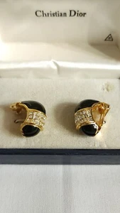 Christian Dior Clip Ohrringe Kristall und schwarze Emaille goldfarben - Bild 1 von 7