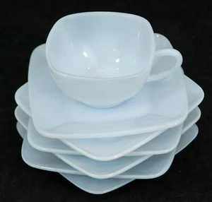 Vintage Set of 6 Blue Delphite Fire King Milk Glass Square Saucers & 1 Teacup - Picture 1 of 7