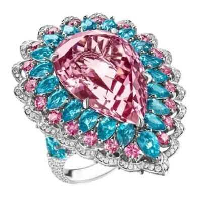 Fabulous Halo Simulated Tourmaline, Aquamarine & Sapphire Wedding Women Ring - Image 1 of 4