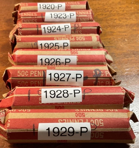 Eight rolls of wheat cents from the 1920's Cover