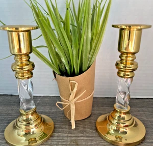 2 Partylite Omnia Taper Candle Holders Brass and Twisted Lucite Party Light 5.5" - Picture 1 of 6