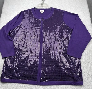 Quacker Factory Womens 2X  Purple Sequins Full Zip Stretch Knit Jacket Festival - Picture 1 of 23