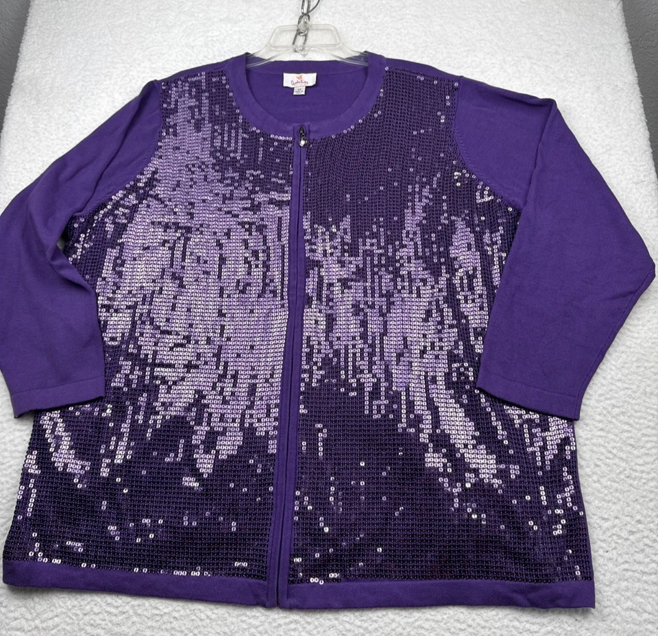 Quacker Factory Womens 2X  Purple Sequins Full Zip Stretch Knit Jacket Festival - Image 1 of 4