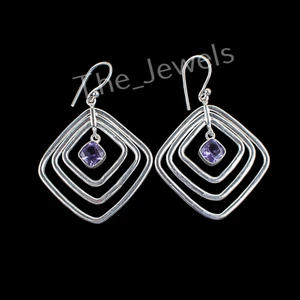 Handcrafted Iolite Gemstone 925 Sterling Silver Hook Earrings Thanksgiving Gift - Picture 1 of 6