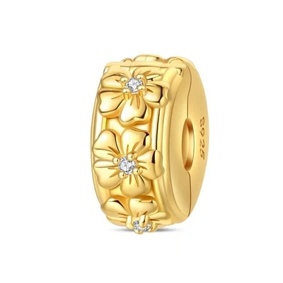 KUNSIR 925 Silver Clip Spacer Charm Golden Flower Lock Stopper Bead For Bracelet - Image 1 of 4
