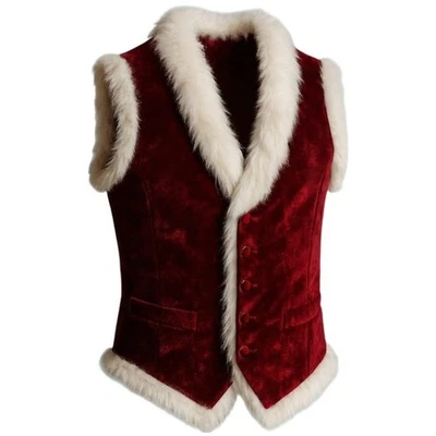 Hombres Rojo Terciopelo Papá Noel Cosplay Chaleco Navidad Disfraz Fiesta Conjunto Foto 1 de 3