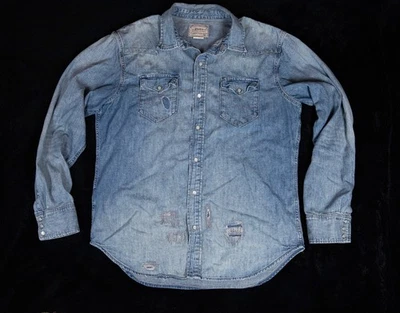 Polo Ralph Lauren Shirt Mens Large Distressed Denim Pearl Snap Classic Western - Image 1 of 4