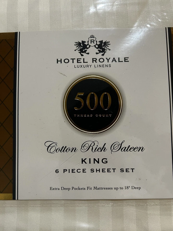 Juego de sábanas Hotel Royal algodón rico satén tamaño king 6 piezas rayas blancas 500 TC Foto 1 de 4