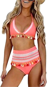 Bikini cintura alta de malla a rayas borla, rosa, grande - Imagen 1 de 2