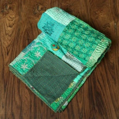 Edredón Kantha indio cosido a mano verde retazos ropa de cama cubierta manta Foto 1 de 4