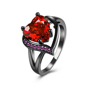 New Mystic Heart Shaped Red Ruby Engagement Ring 10Kt Black Gold Filled Size 8