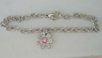 Vintage Erwin Pearl Pink & Clear Rhinestone Flower Charm Bracelet - Image 1 of 4