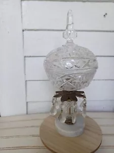 16" Vtg Regency Footed Crystal Cov'd Candy Bowl Compote Prisms Brass Marble Base - Picture 1 of 12