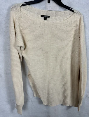 Suéter James Perse Mujer Crema Lino Tejido Abierto Pullover Talla 3 L Ventilación Lado L/S Foto 1 de 4