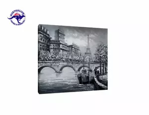 LARGE LANDSCAPE OIL PAINTING EIFFEL TOWER ABOVE SEINE RIVER BRIDGE - Imagen 1 de 4