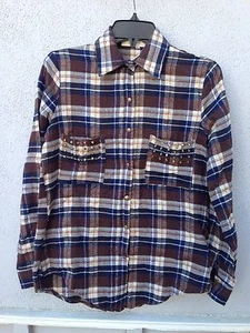 $67 NWT Vintage Havana Brown Blue Wht Snap Button Down Plaid Shirt Size M - Picture 1 of 3