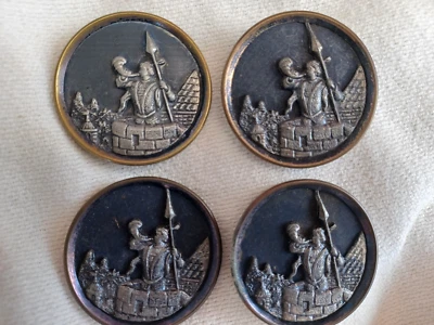 LARGE ANTIQUE VICTORIAN PICTURE MEDIEVAL KNIGHT CASTLE PEWTER BUTTON SET of 4 - Image 1 of 4