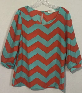 Peach Love Dream California |Size Medium| Orange/Turquoise Chevron Boho Blouse - Picture 1 of 5
