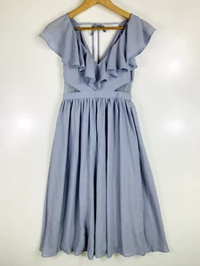 Asos Women's Dress Size 4 Solid Blue Lace Ruffle Pleated Flare V Neck NWT - Picture 1 of 4