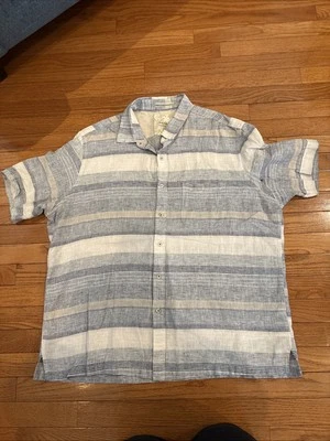 TASSO ELBA ISLAND Linen/ Cotton Short Sleeve Striped Button Blue/gray Preowned - Image 1 of 4