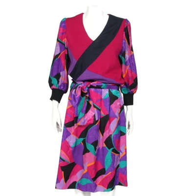 Vtg 80s 2 Piece Outfit New Wave Purple Green Black  Abstract Mix Fabric /963 - Image 1 of 4