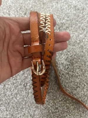 Thin Vintage Leather Belt Woven String Orange And Cream 41 Inches Long Small - Image 1 of 4