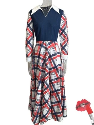 Vestido Sears Vintage Años 70 Mujer Talla 12 Rojo Blanco Azul Cuadros HECHO EN UNIÓN EE. UU. Foto 1 de 4