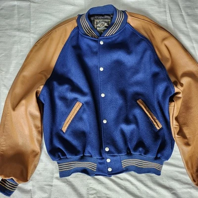 Retro Letterman Jacket Holloway 2XL Navy Blue Wool Brown Leather Made in USA - Image 1 of 4