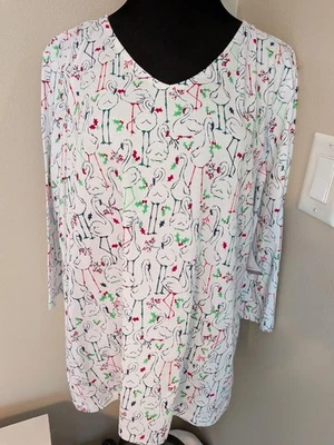 NWT Coral Bay Large Xmas Festive Flamingos Casual 3/4 Sleeves Top - Image 1 of 4