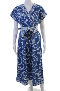 Beau & Ro Women Kaftan Maxi Dress Blue Floral V-Neck Cotton Size XS - Picture 1 of 6