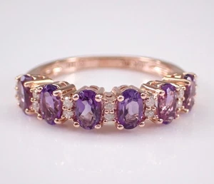 Alianza de aniversario de anillo de bodas de diamantes y amatista de oro rosa - Imagen 1 de 7