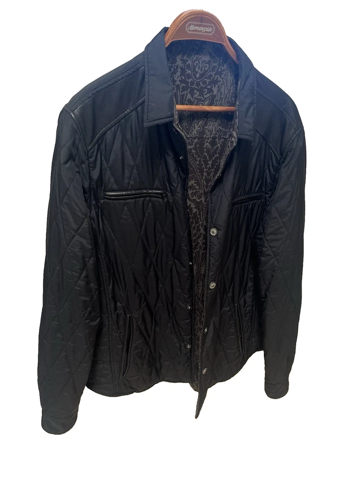 Men’s Etro black quilted reversible jacket w/ leather accents paisley lining XL - Image 1 of 4