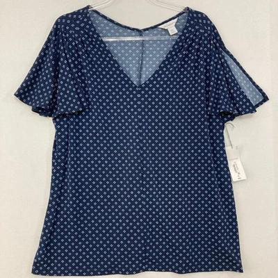 New Liz Claiborne size XXL Navy Geometric V Neck Flutter Sleeve Stretch Blouse Foto 1 de 4