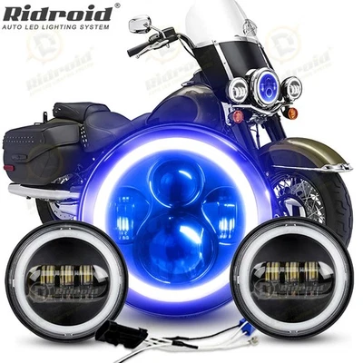 Blue Halo 7" LED Headlight + Passing Lights For Harley Heritage Softail Classic Foto 1 de 4