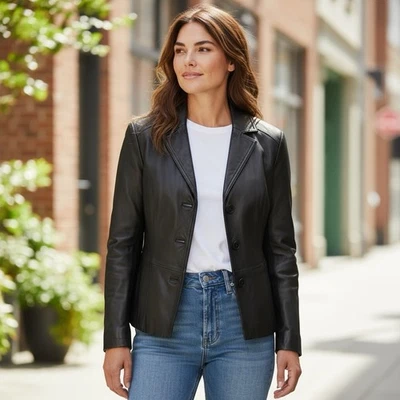 Nicole Miller Soft Genuine Leather Collared Jacket M Black Quilted Lined Grunge - Image 1 of 4