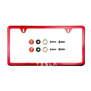 Fit Tesla Laser Etching Stainless Steel Polish Red Slim License Frame w/Cap - Picture 1 of 4