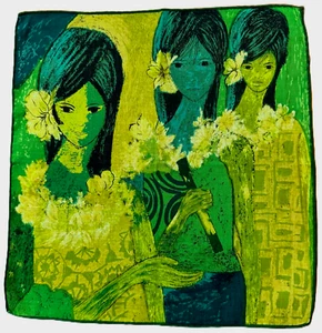 NWOT Vtg. Linen Hanky Island Girls Ethnic Beauty Teals - Picture 1 of 5