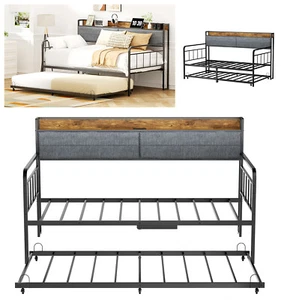 Twin Size Daybed Iron Frame with Trundle Storage Headboard and Charging Station - Picture 1 of 15