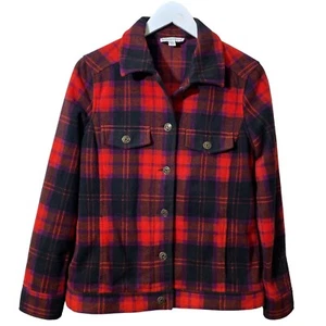 Isaac Mizrahi Live Fleece Trucker Jacket Size Small Red Plaid - Picture 1 of 11
